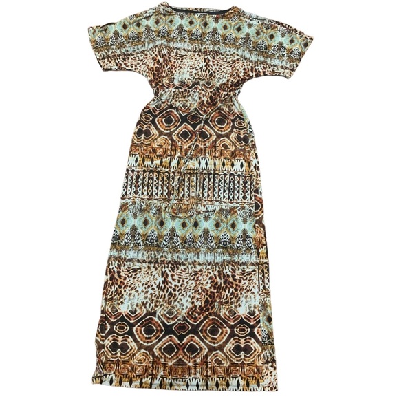 Cato Dresses & Skirts - Cato maxi dress size S. Abstract Animal print. Open Sleeve. Rushed Waist